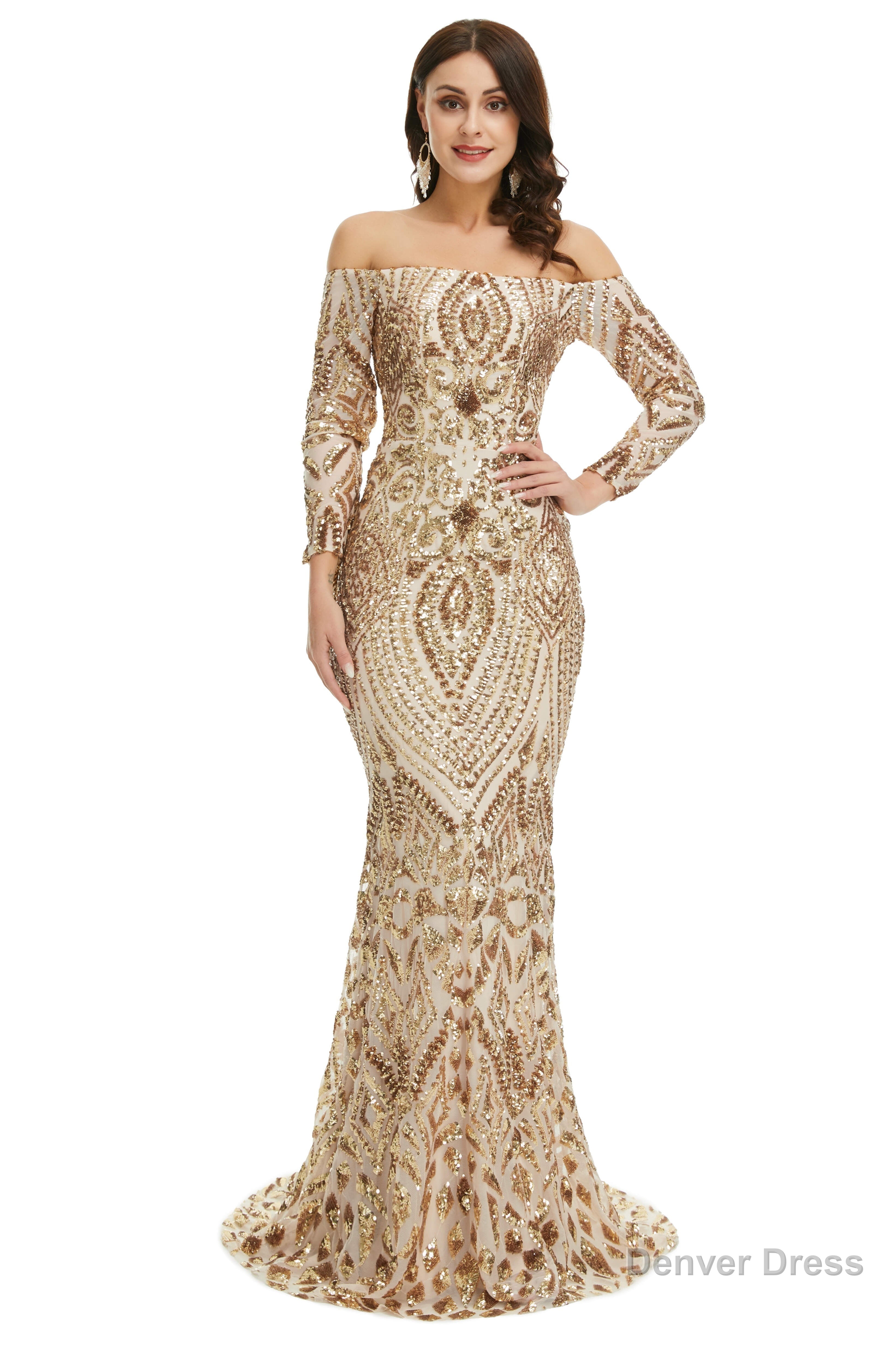 Sequins Mermaid Long Sleeves Off the Shoulder Prom Dresses