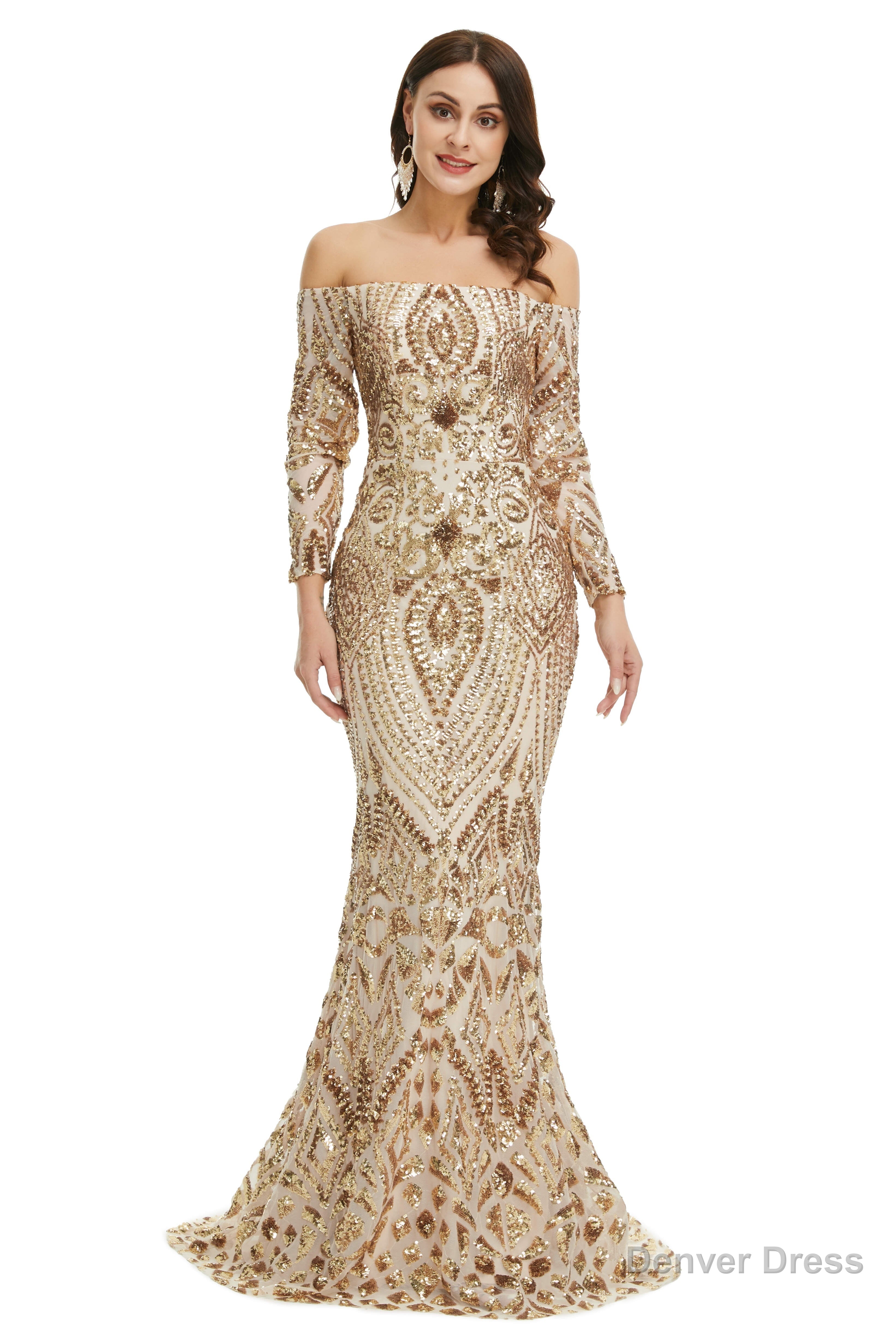 Sequins Mermaid Long Sleeves Off the Shoulder Prom Dresses