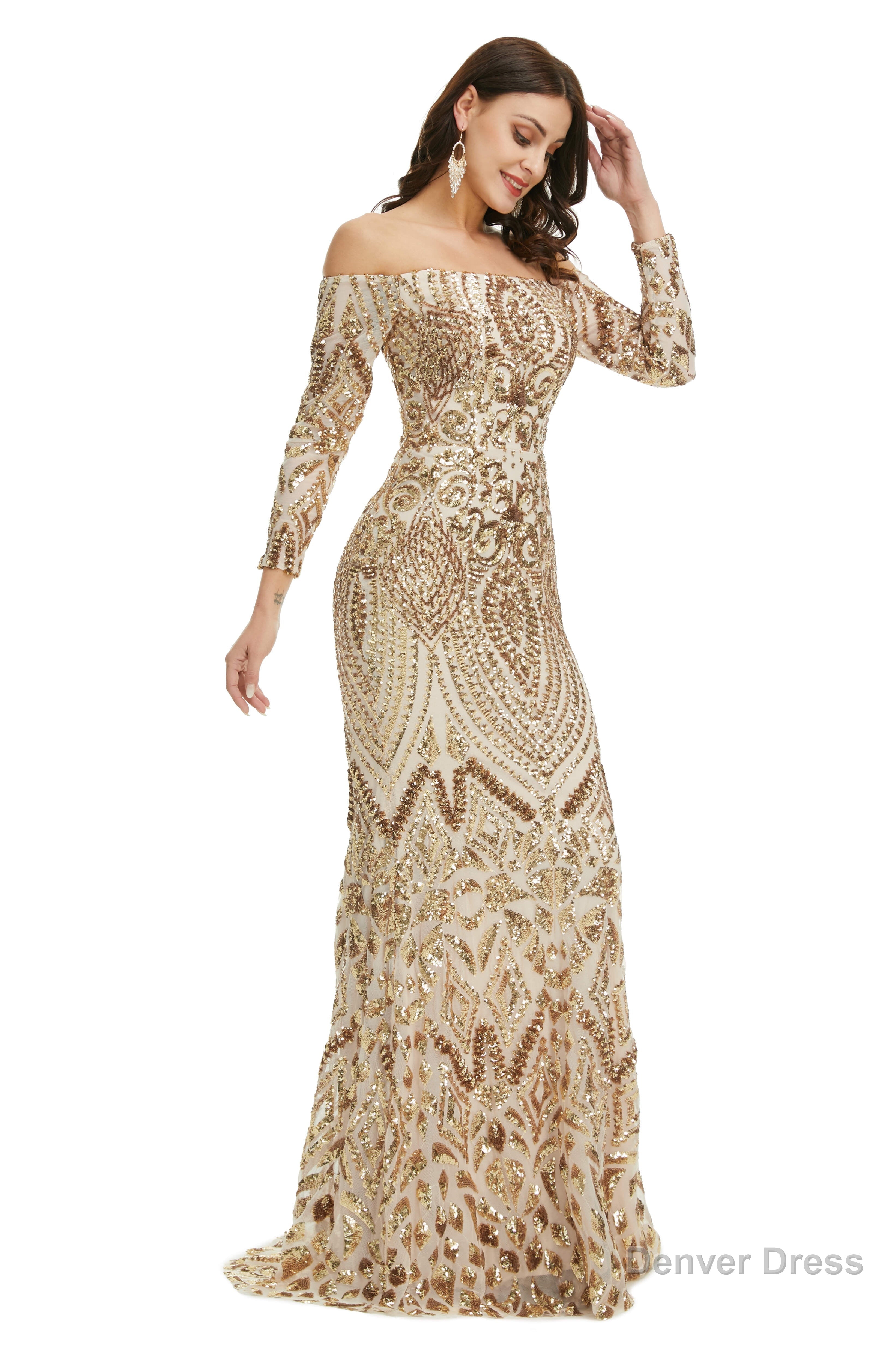 Sequins Mermaid Long Sleeves Off the Shoulder Prom Dresses