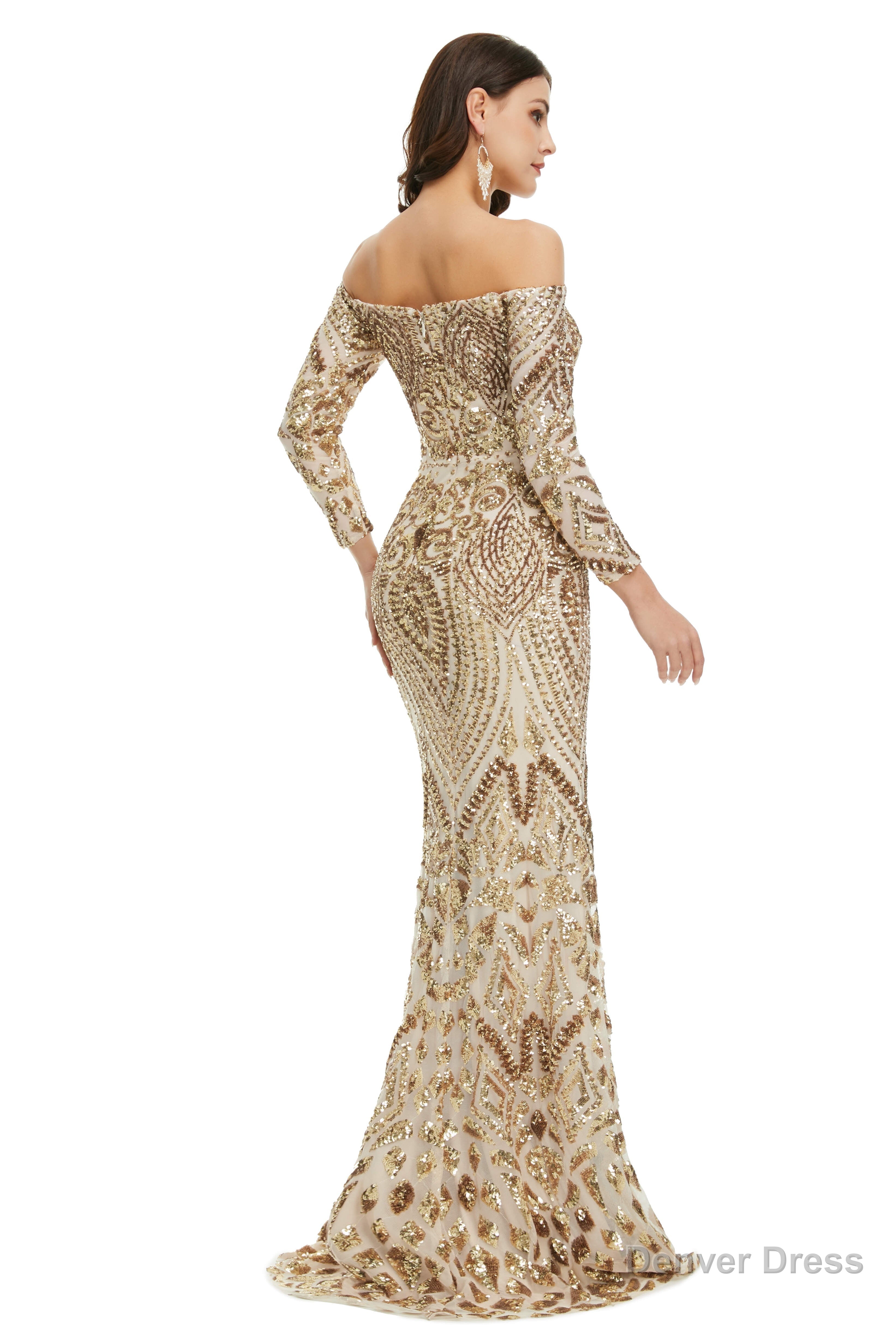 Sequins Mermaid Long Sleeves Off the Shoulder Prom Dresses