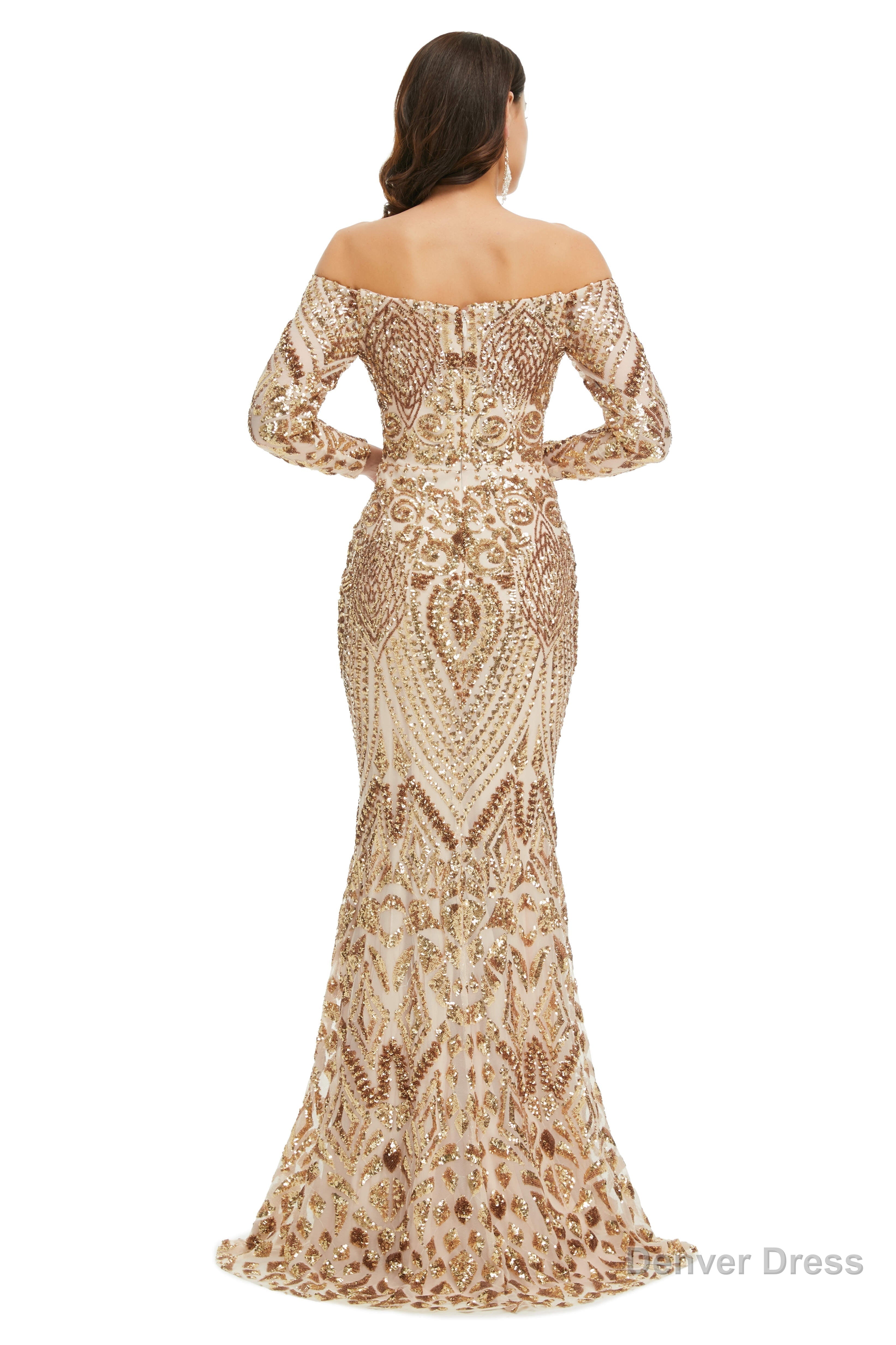 Sequins Mermaid Long Sleeves Off the Shoulder Prom Dresses