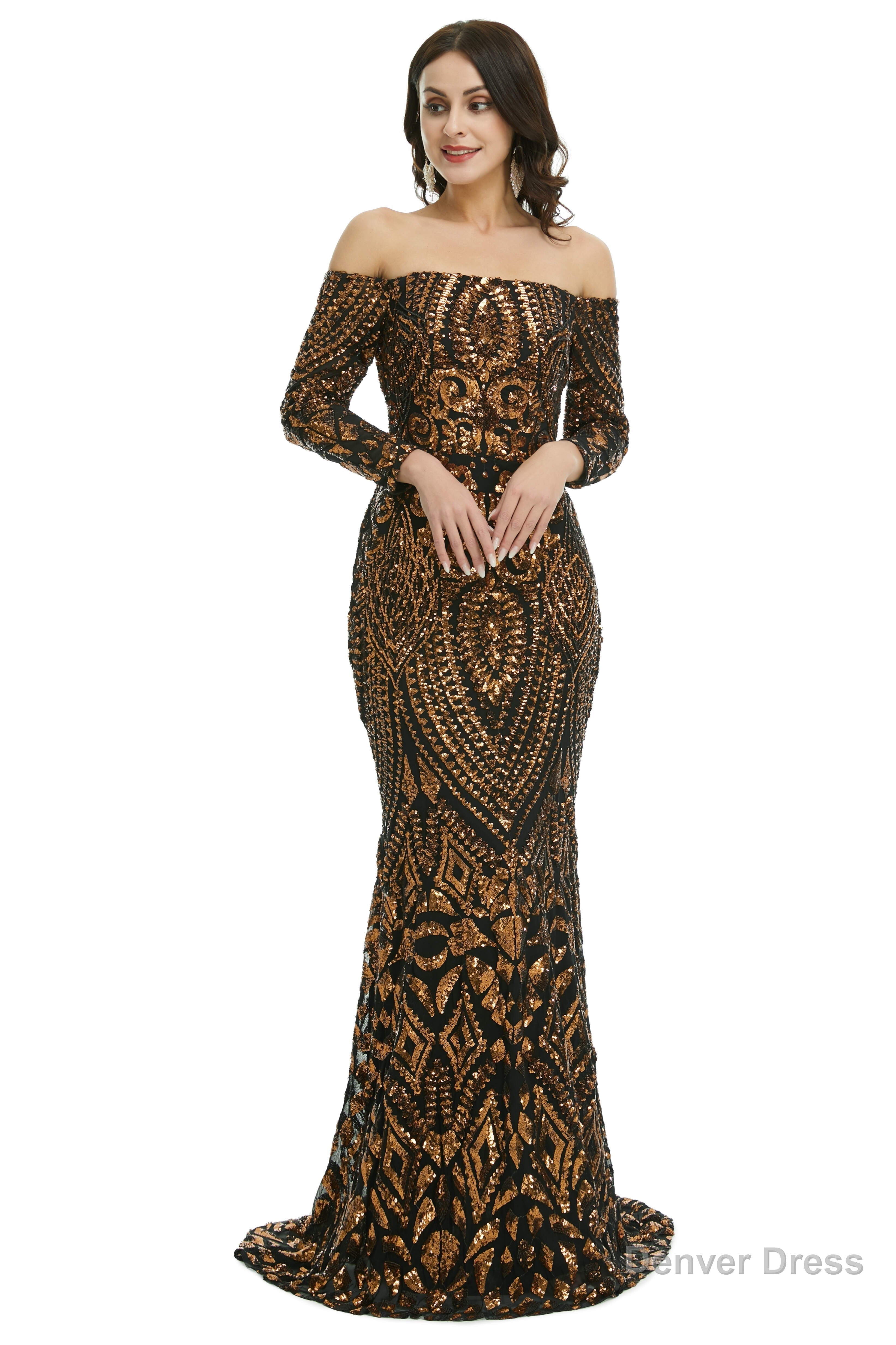 Sequins Mermaid Long Sleeves Off the Shoulder Prom Dresses