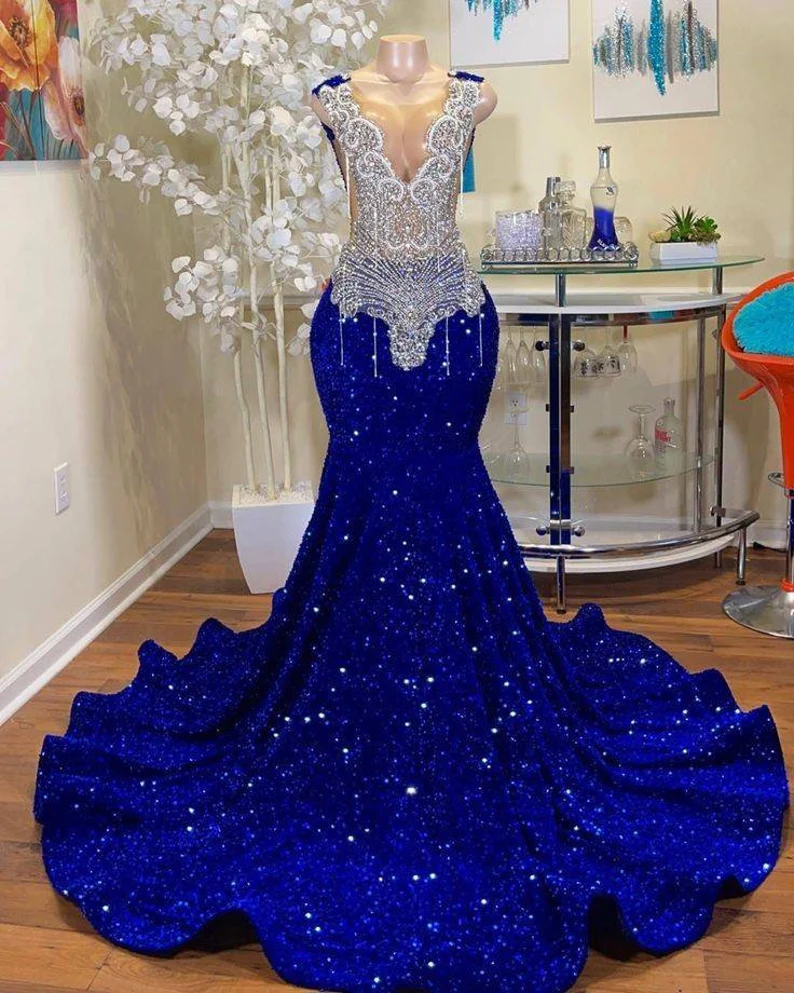 Sequins Royal Blue Long Prom Dress Beaded Wedding Dress Reception Dress Renewal Dresses Main image