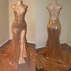 Sequins Sleeveless Front Slit Floor Length Mermaid Dresses