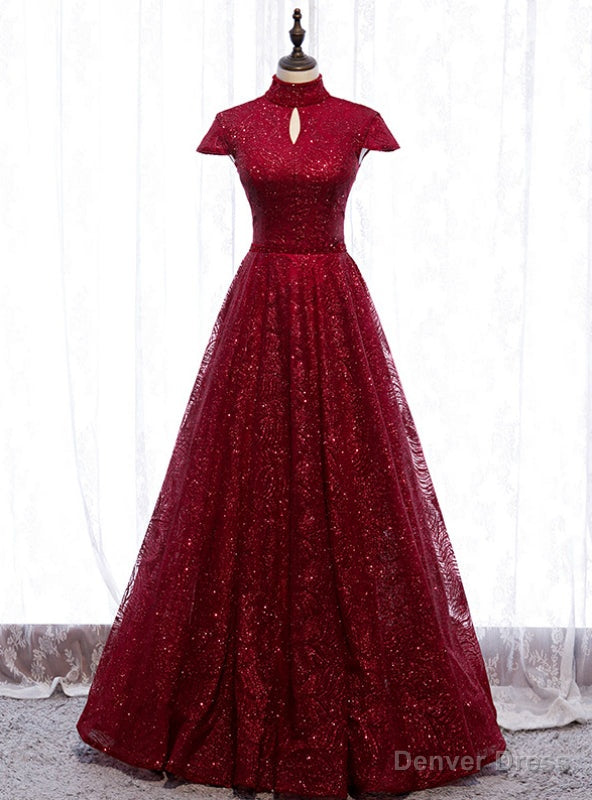 Sequins Tulle High Neck Cap Sleeve Backless Prom Dress