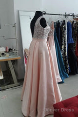 Sequins V-Neck Floor Length Satin Prom Dresses