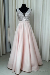 Sequins V-Neck Floor Length Satin Prom Dresses