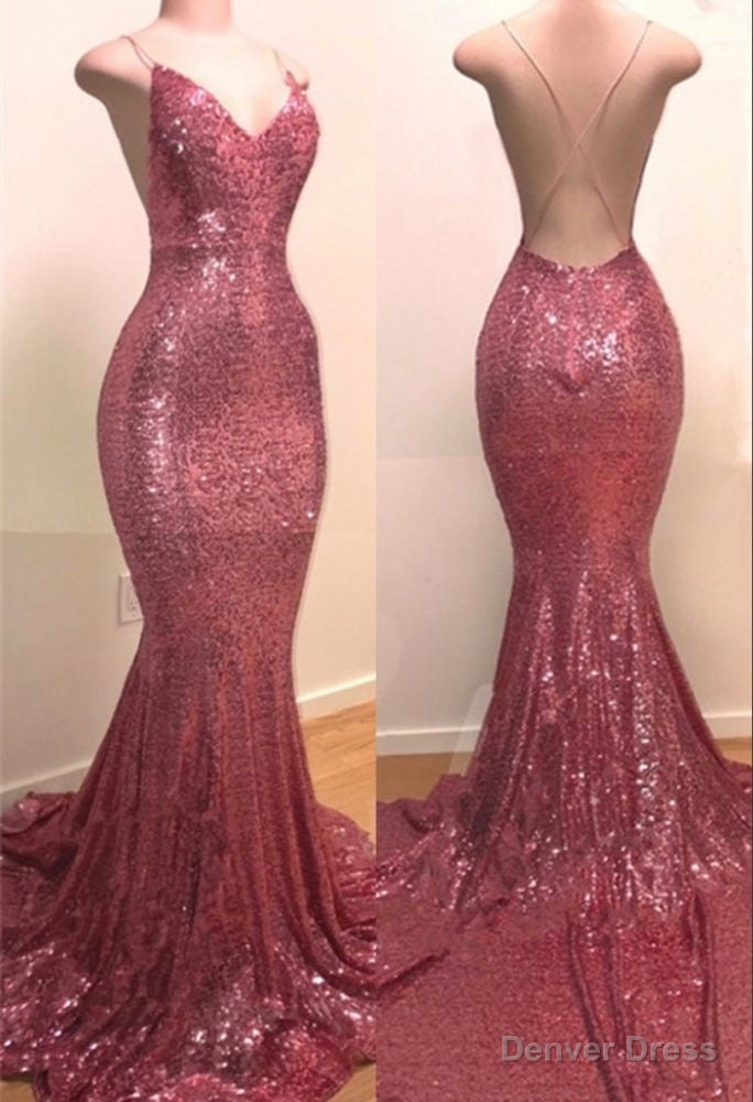 Sequins V-neck Sleeveless Spaghetti Backless Prom Dresses Main image