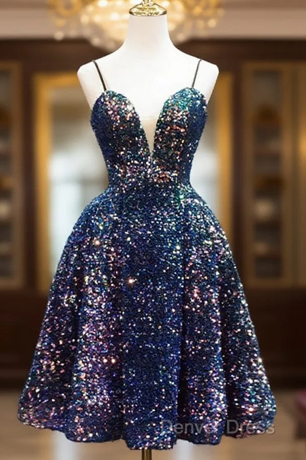 Sequins V Neckline Short Straps Homecoming Dress, Short Sequins Prom Dresses
