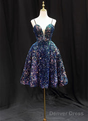 Sequins V-Neckline Short Straps Homecoming Dress, Short Sequins Prom Dress