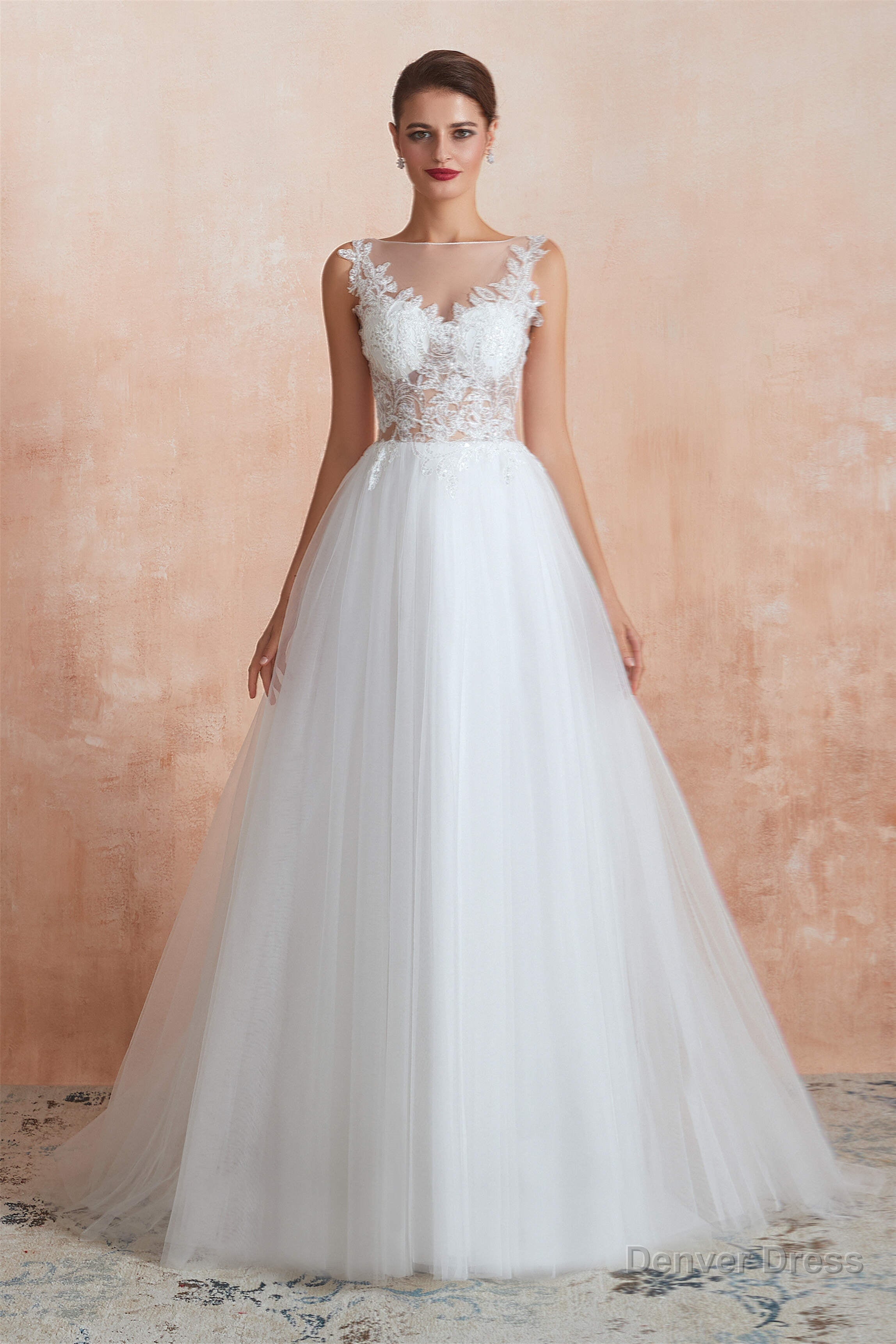 Sequins White Tulle Affordable Wedding Dresses with Appliques Main image