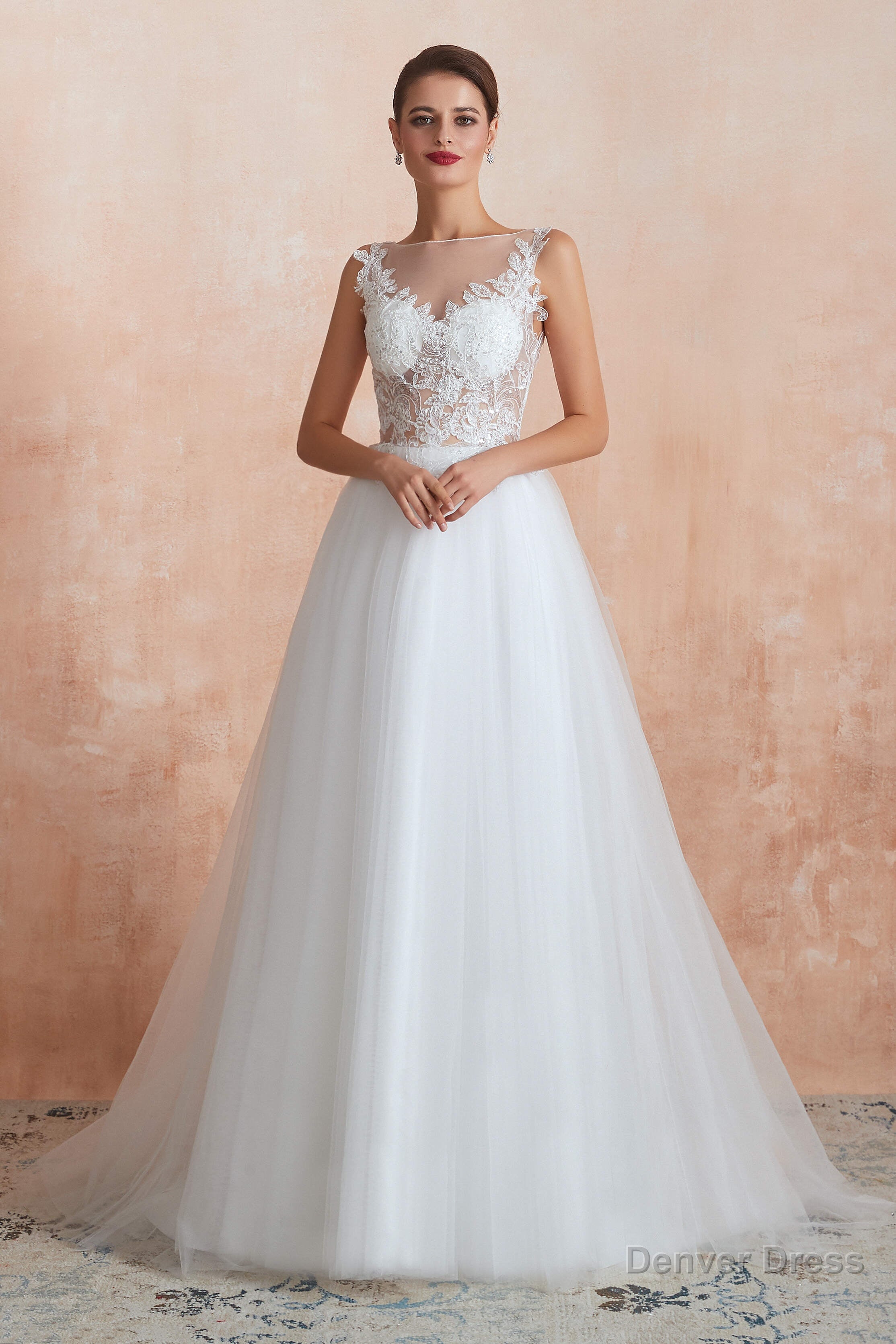Sequins White Tulle Affordable Wedding Dresses with Appliques Secondary image