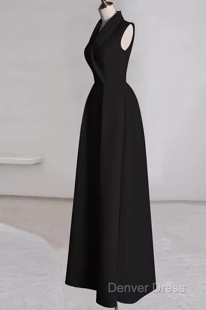 Sexy A Line Black Satin Party Dresses Long Prom Dresses