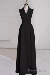 Sexy A Line Black Satin Party Dresses Long Prom Dresses