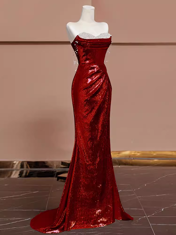 Sexy Mermaid Burgundy Sequin Long Prom Dresses