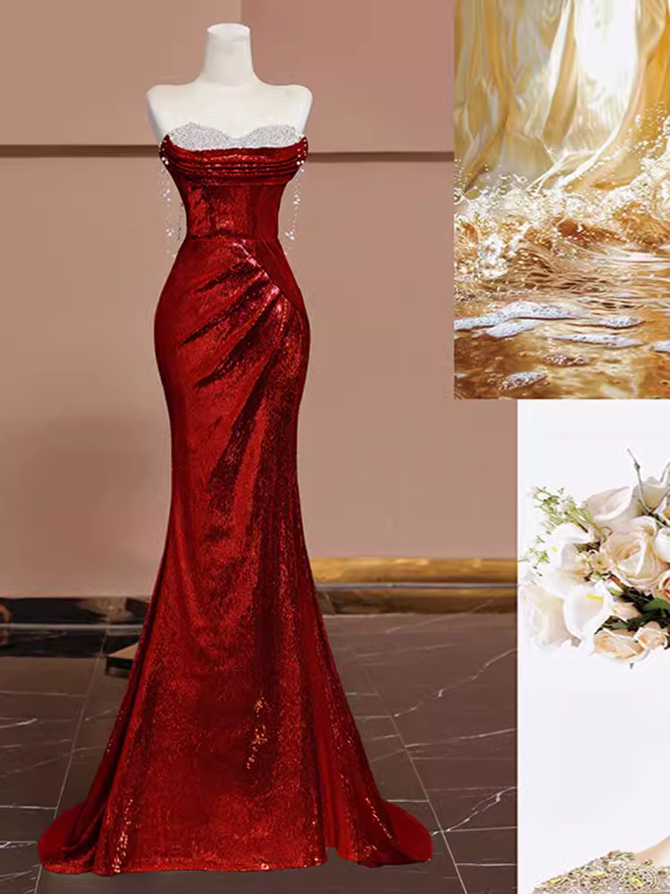 Sexy Mermaid Burgundy Sequin Long Prom Dresses