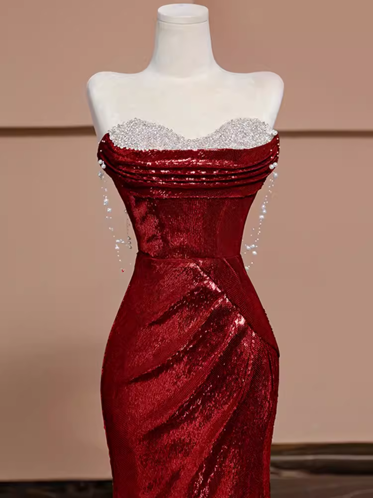 Sexy Mermaid Burgundy Sequin Long Prom Dresses