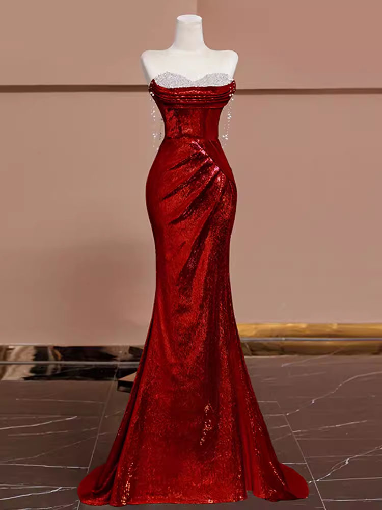 Sexy Mermaid Burgundy Sequin Long Prom Dresses