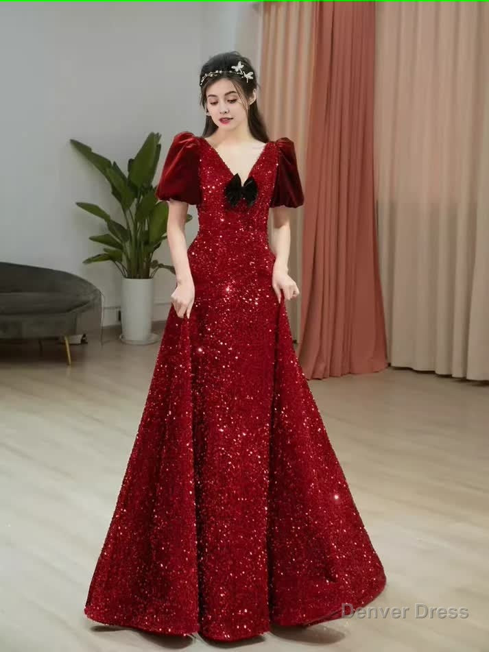Sexy A Line Burgundy Sequin Prom Dress