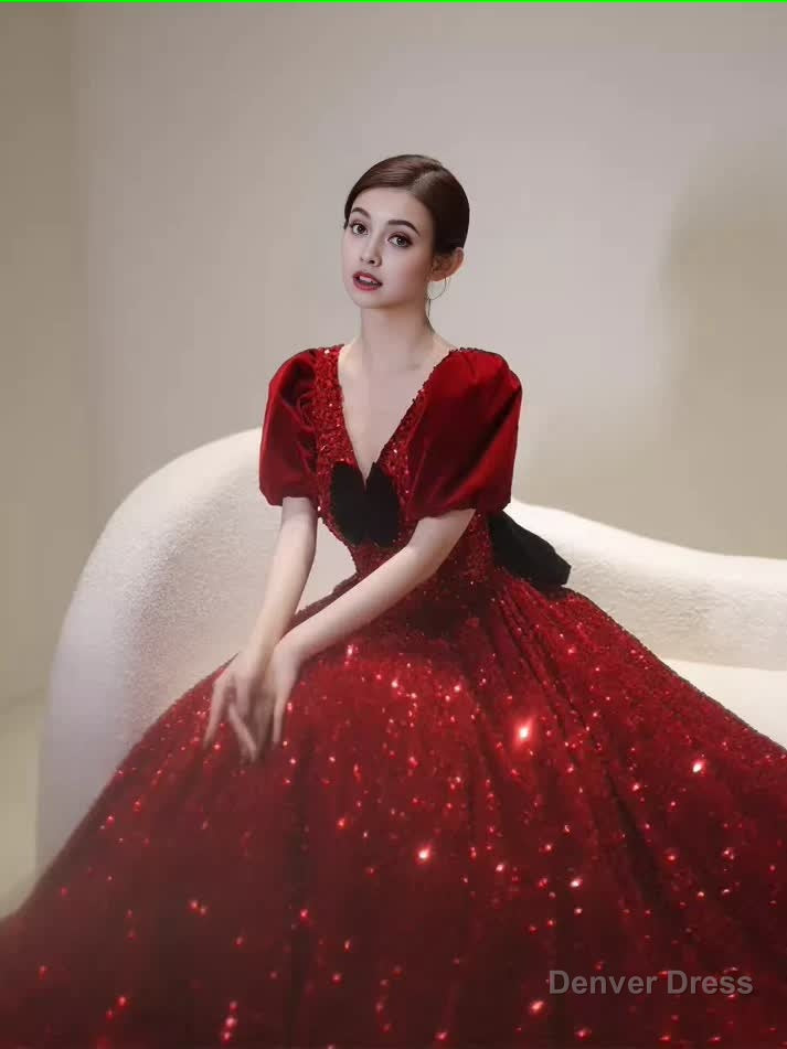 Sexy A Line Burgundy Sequin Prom Dress
