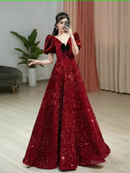 Sexy A Line Burgundy Sequin Prom Dress