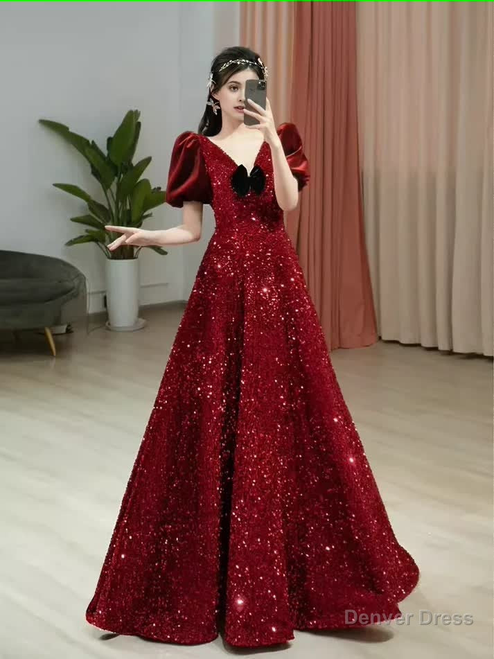 Sexy A Line Burgundy Sequin Prom Dress