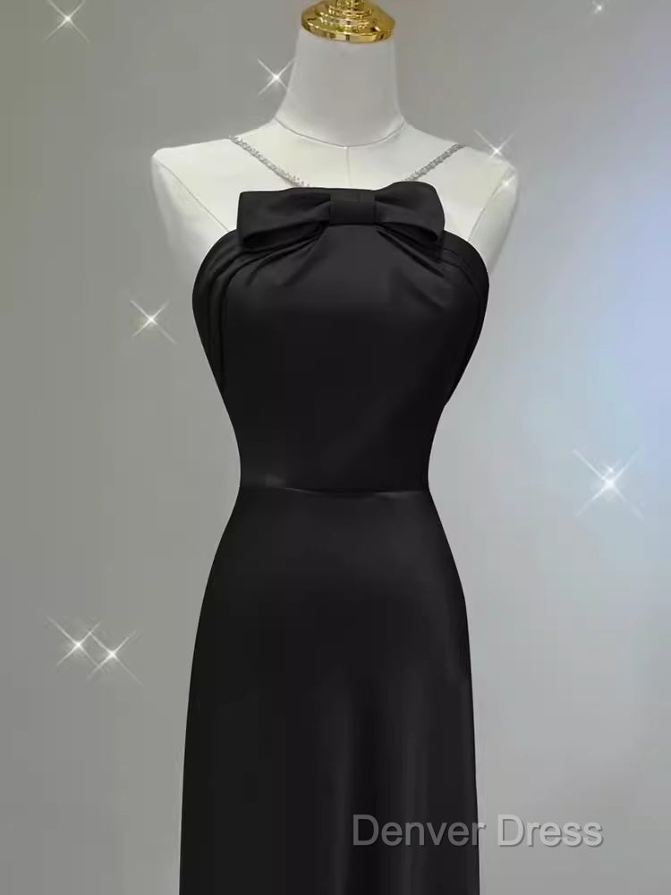 Sexy A Line Halter Long Black Satin Prom Dresses