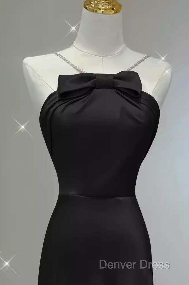 Sexy A Line Halter Long Black Satin Prom Dresses