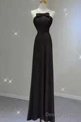 Sexy A Line Halter Long Black Satin Prom Dress