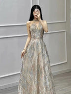 Sexy A Line High Neckline Sequin Long Prom Dress