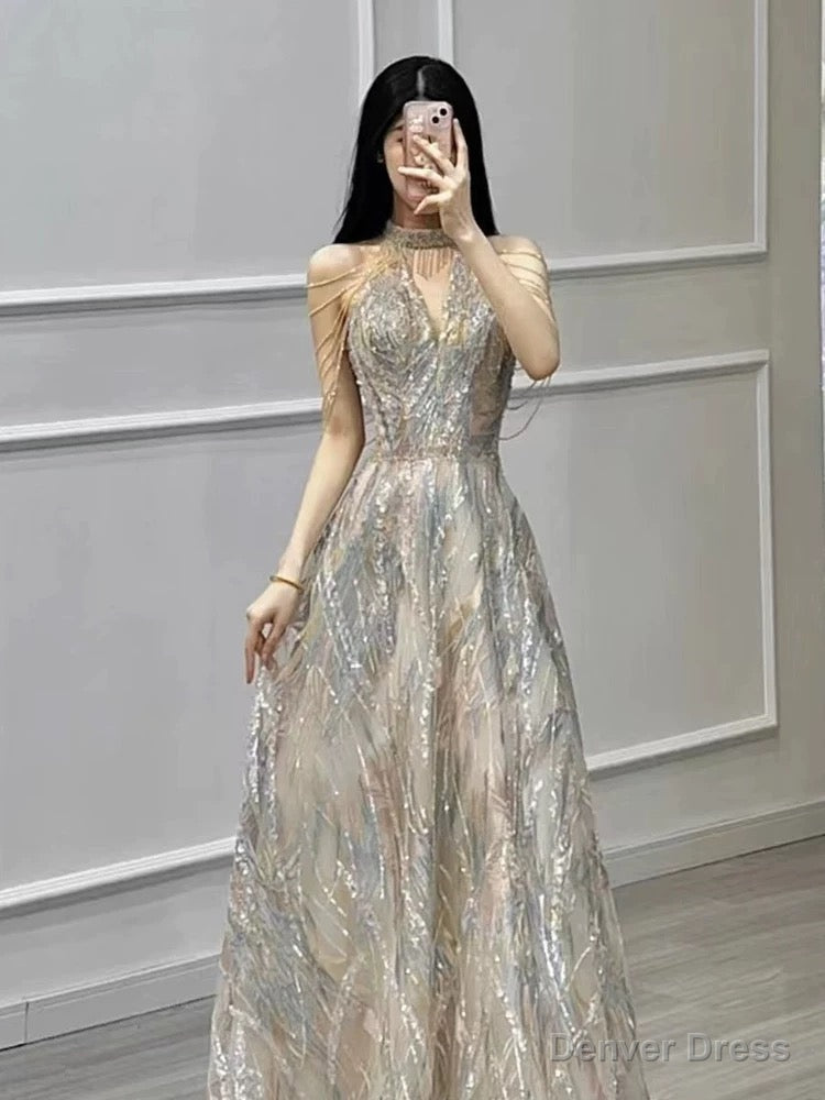 Sexy A Line High Neckline Sequin Long Evening Dress Prom Dresses Secondary image