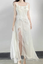 Sexy A Line Long Prom Dress Slit White Evening Dress