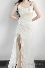 Sexy A Line Long Prom Dress Slit White Evening Dress
