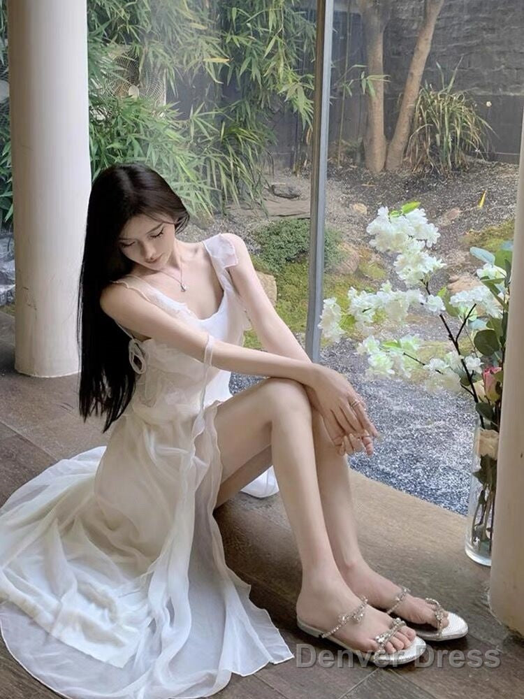 Sexy A Line Long Prom Dress Slit White Evening Dress