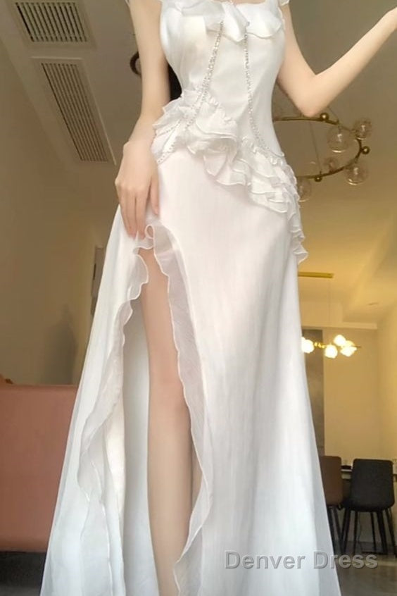 Sexy A Line Long Prom Dress Slit White Evening Dress Main image