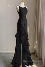 Sexy A Line Long Senior Chiffon Black Prom Dresses Formal Dresses