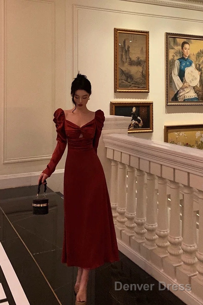 Sexy A Line Long Sleeves Red Satin Prom Dresses Birthday Outfits