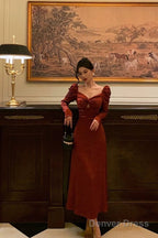 Sexy A Line Long Sleeves Red Satin Prom Dresses Birthday Outfits