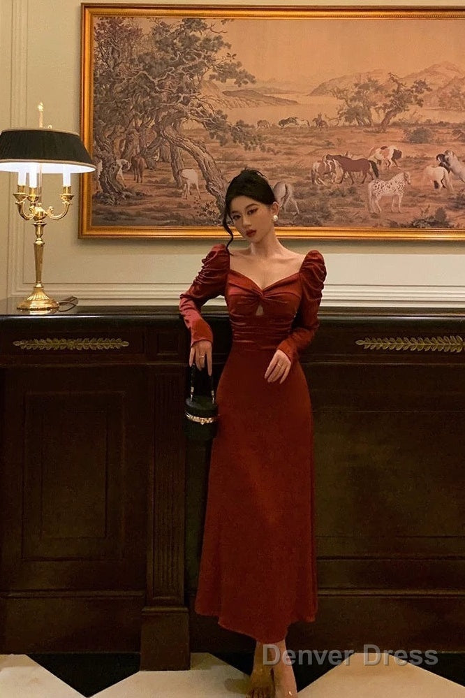 Sexy A Line Long Sleeves Red Satin Prom Dresses Birthday Outfits