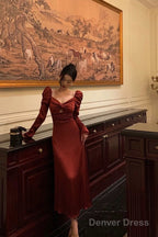 Sexy A Line Long Sleeves Red Satin Prom Dresses Birthday Outfits