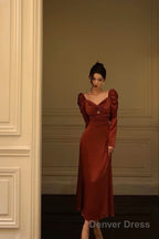 Sexy A Line Long Sleeves Red Satin Prom Dresses Birthday Outfits