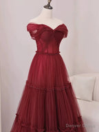 Sexy A Line Off The Shoulder Burgundy Tulle Floor Length Prom Dress
