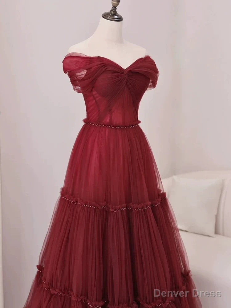 Sexy A Line Off The Shoulder Burgundy Tulle Floor Length Prom Dress