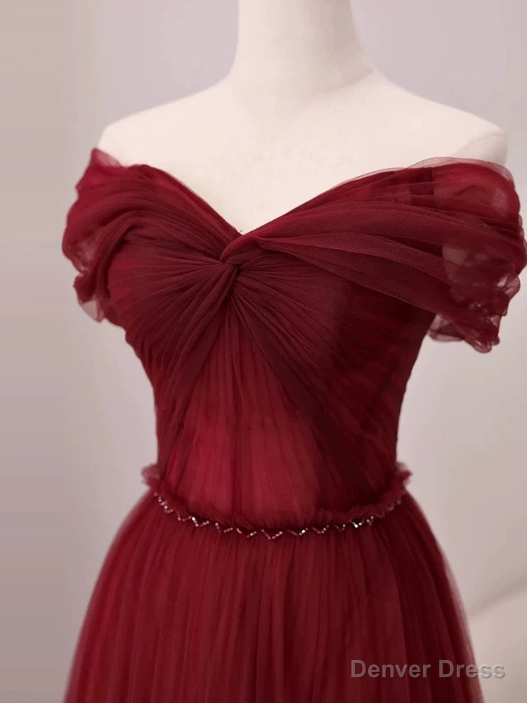 Sexy A Line Off The Shoulder Burgundy Tulle Floor Length Prom Dress