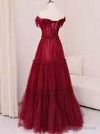Sexy A Line Off The Shoulder Burgundy Tulle Floor Length Prom Dress