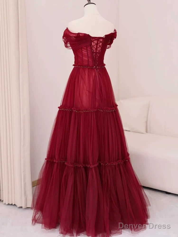 Sexy A Line Off The Shoulder Burgundy Tulle Floor Length Prom Dress