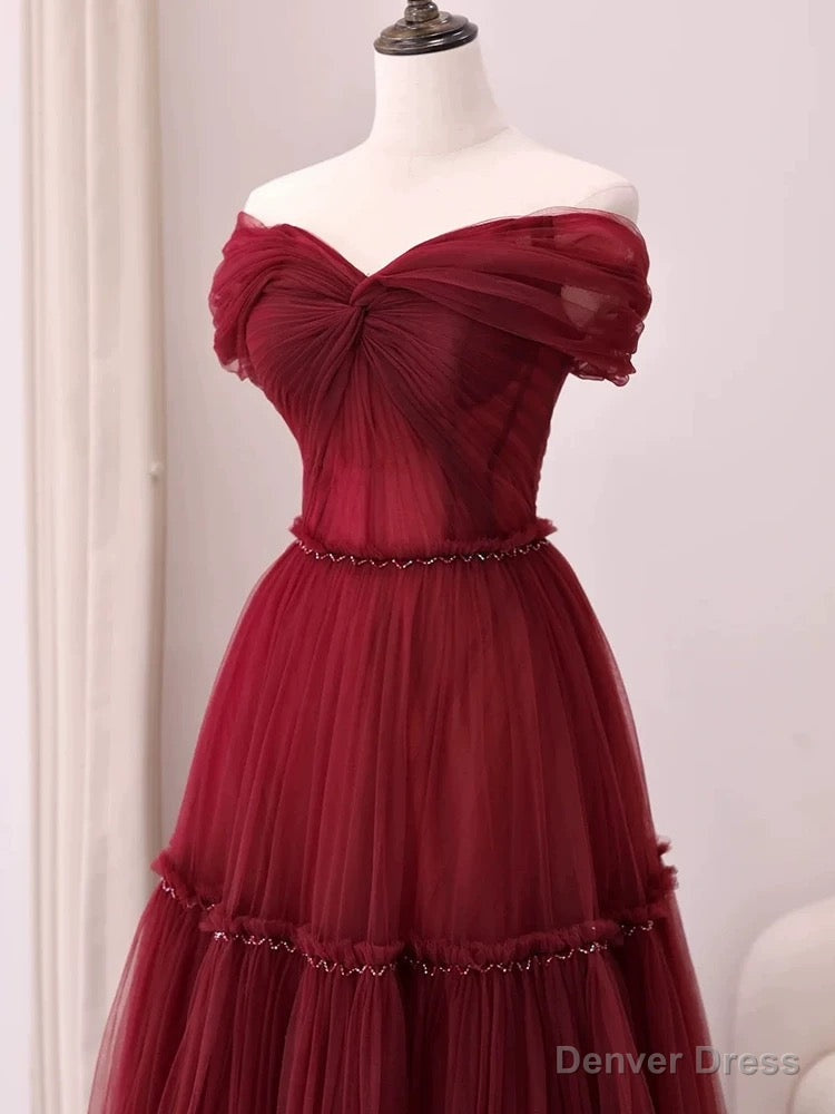 Sexy A Line Off The Shoulder Burgundy Tulle Floor Length Prom Dress
