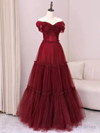 Sexy A Line Off The Shoulder Burgundy Tulle Floor Length Prom Dress