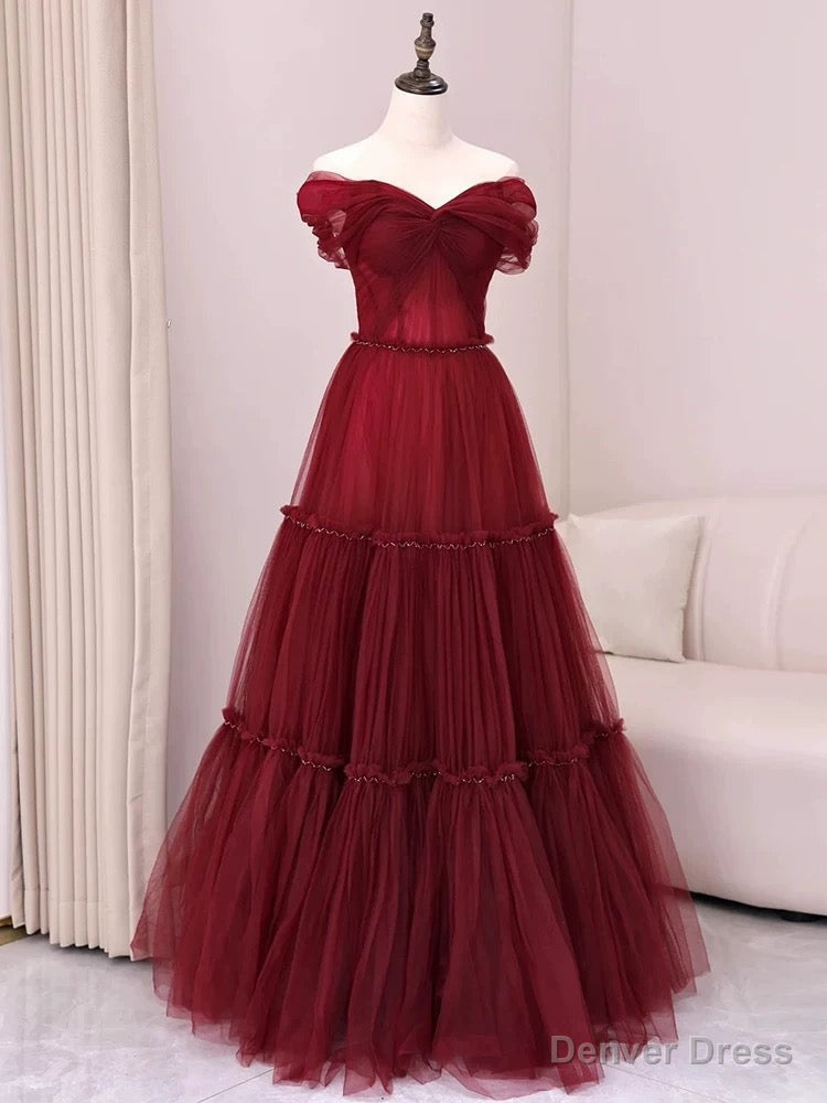 Sexy A Line Off The Shoulder Burgundy Tulle Floor Length Prom Dress