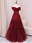 Sexy A Line Off The Shoulder Burgundy Tulle Floor Length Prom Dress